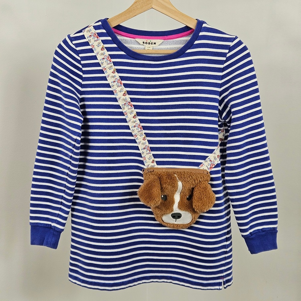 Mini Boden Sweatshirt Kids 11-12Y Blue Striped Dog Plush Zipper Pocket